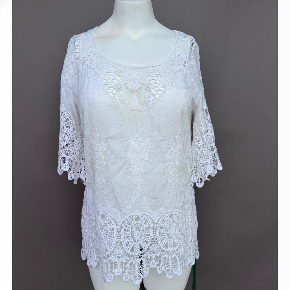 Laffaire White Cotton Crochet Lace Embroidery Tunic Top M Boho Bell Sleeve Gauze